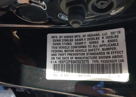 2019 Honda Civic Lx z USA, uszkodzony, nr VIN 19XFC2F65KE023275